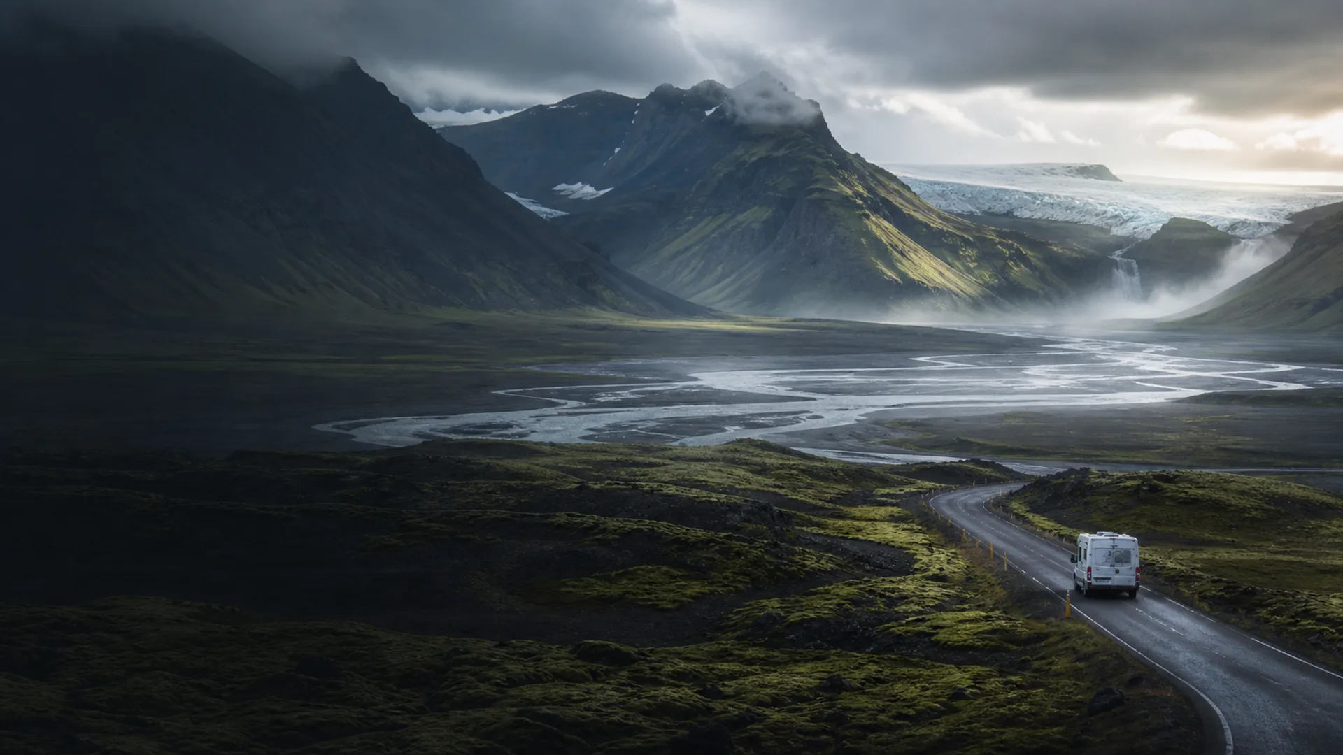 Synthetic atmospheric scene of a campervan entering a dark Icelandic glacial valley